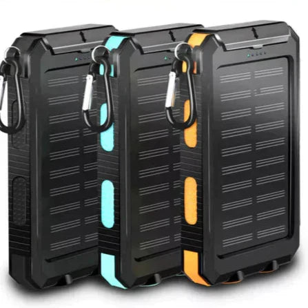 "Unisex portable solar power bank with IP67 waterproof, dual USB output, sleek design, ideal for outdoor adventures."