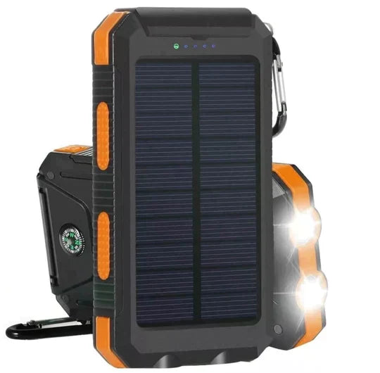 "Unisex portable solar power bank with IP67 waterproof, dual USB output, sleek design, ideal for outdoor adventures."