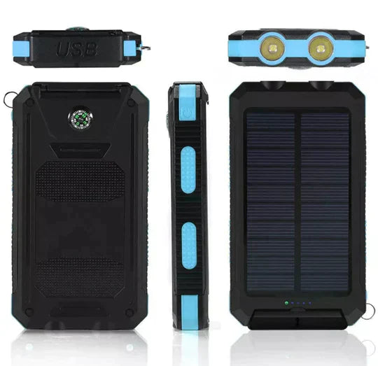 "Unisex portable solar power bank with IP67 waterproof, dual USB output, sleek design, ideal for outdoor adventures."