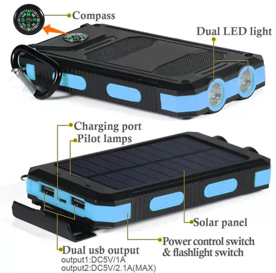 "Unisex portable solar power bank with IP67 waterproof, dual USB output, sleek design, ideal for outdoor adventures."