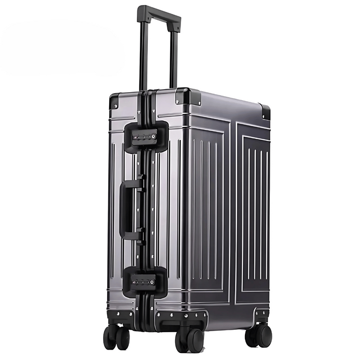 Durable unisex travel luggage, hard shell, sleek aluminum design, TSA lock for ultimate security.