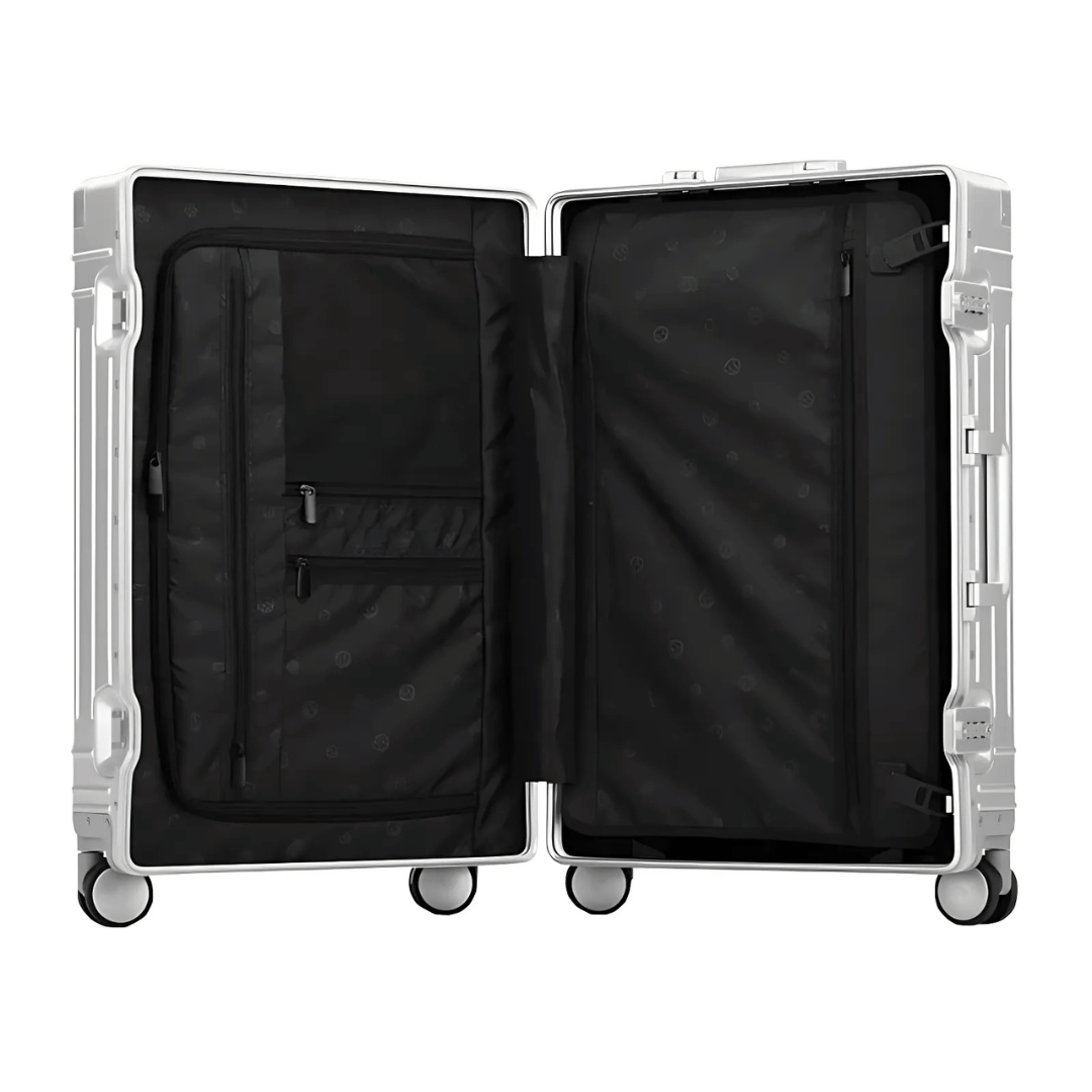Elegant checked luggage, premium aluminum hard shell, TSA lock for secure, durable travel.