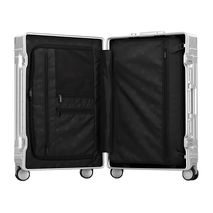 Elegant checked luggage, premium aluminum hard shell, TSA lock for secure, durable travel.