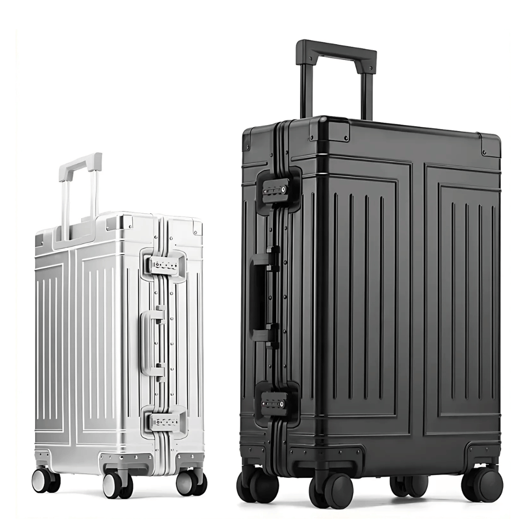 Premium travel luggage, durable aluminum hard shell, spinner wheels & TSA lock for secure journeys.