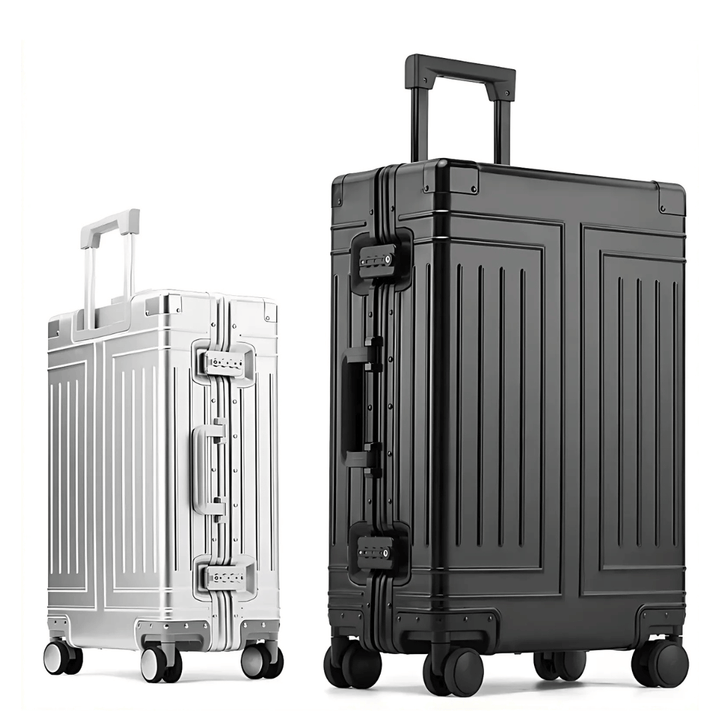 Premium travel luggage, durable aluminum hard shell, spinner wheels & TSA lock for secure journeys.