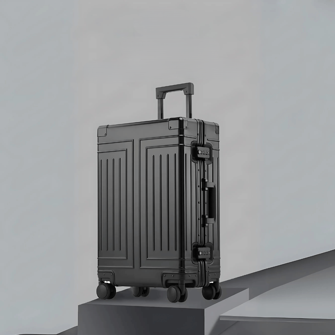 Elegant unisex carry-on, secure hard shell, robust aluminum, perfect for modern travelers.