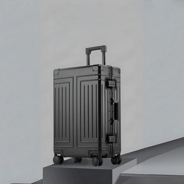 Elegant unisex carry-on, secure hard shell, robust aluminum, perfect for modern travelers.