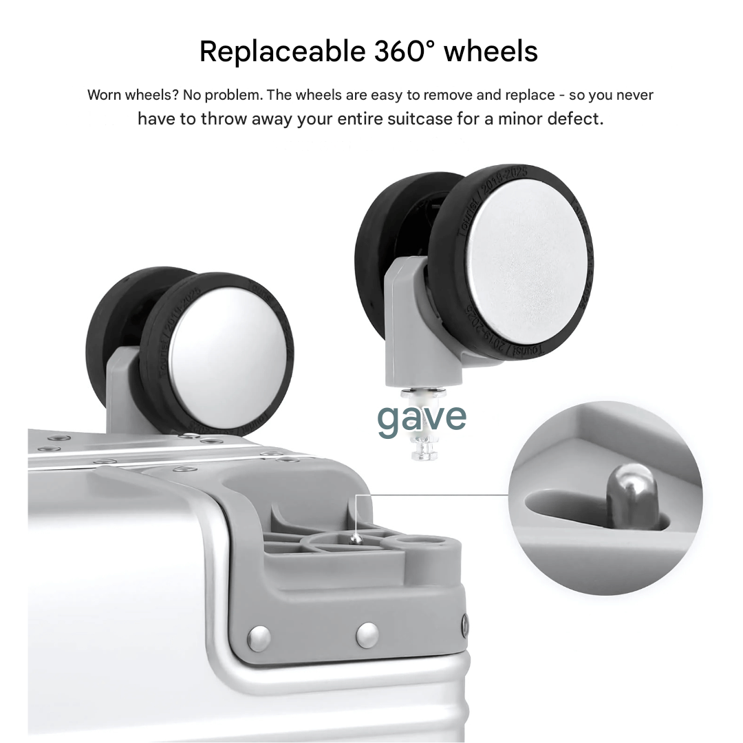 Hard shell travel suitcase, unisex, secure aluminum design, smooth spinner wheels for easy travel.