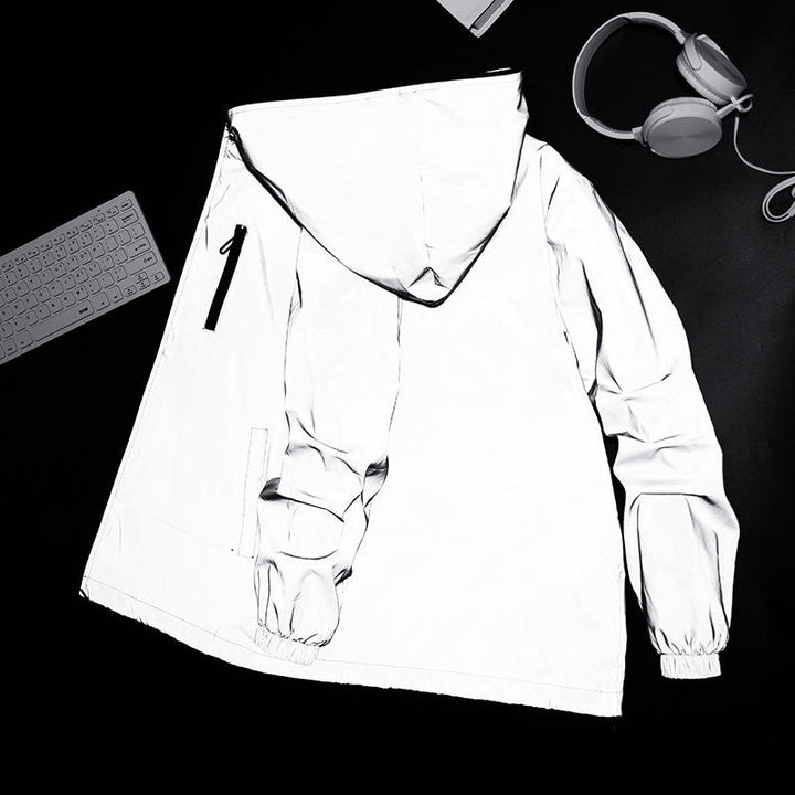 Lightweight, windproof, waterproof reflective unisex rain jacket for all-weather outdoor activities.