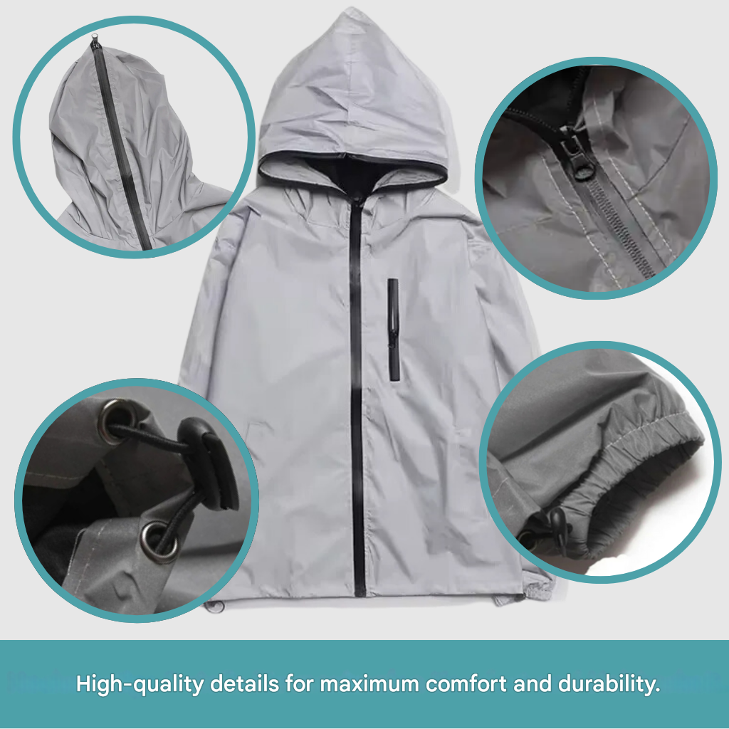 Commuter in a high-visibility reflective waterproof rain jacket, safe for travel in rain & low light conditions.