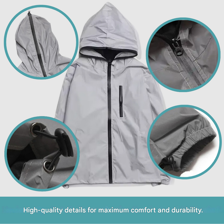 Commuter in a high-visibility reflective waterproof rain jacket, safe for travel in rain & low light conditions.