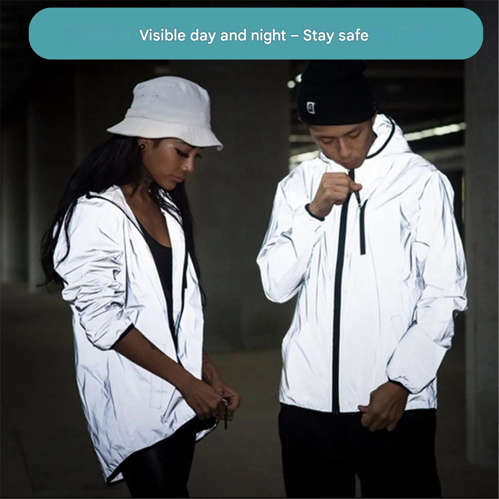 Front view of a unisex reflective waterproof rain jacket, essential safety gear for outdoor work & activities.