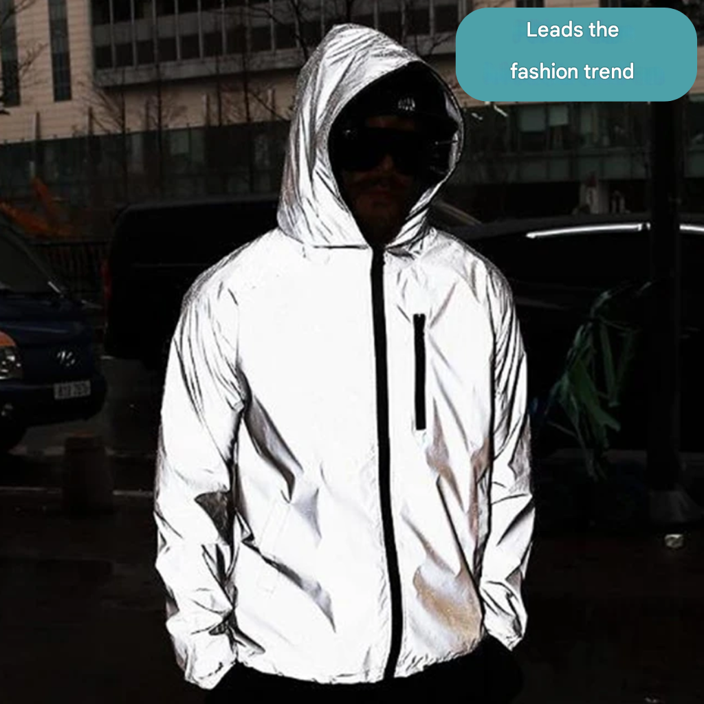 Back view of a reflective waterproof jacket, highlighting safety features, visibility, and weather protection.