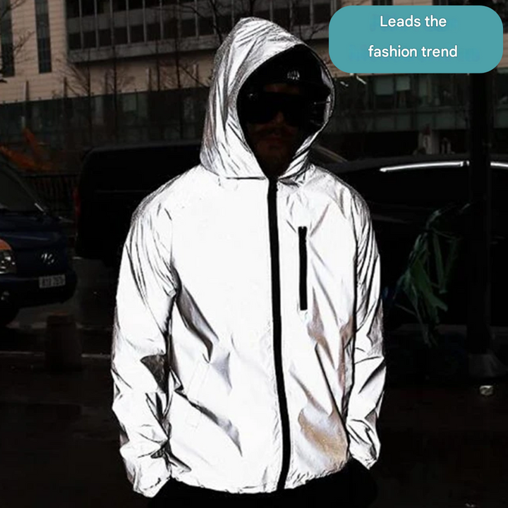 Back view of a reflective waterproof jacket, highlighting safety features, visibility, and weather protection.