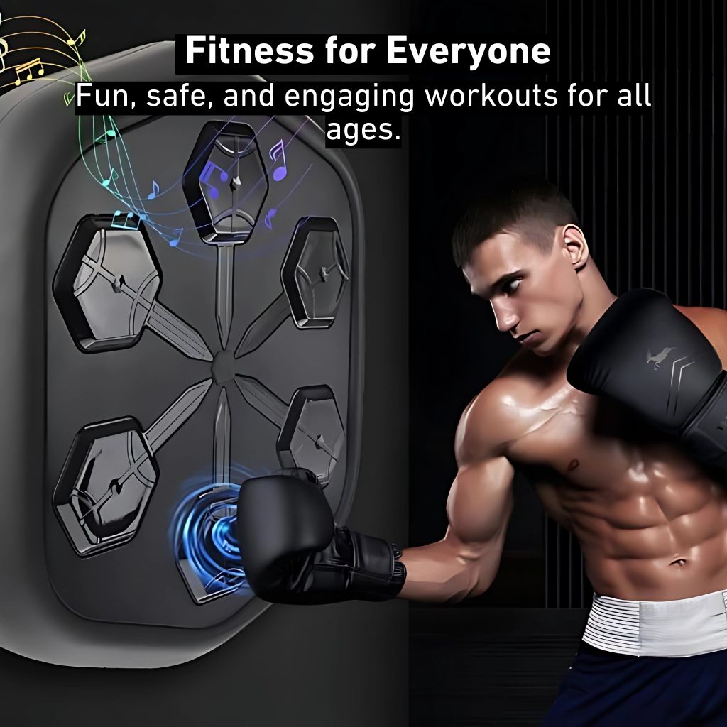 "Unisex Rhythm Punch Max Boxing Trainer with sleek design, digital display, music sync feature for immersive home gym workout