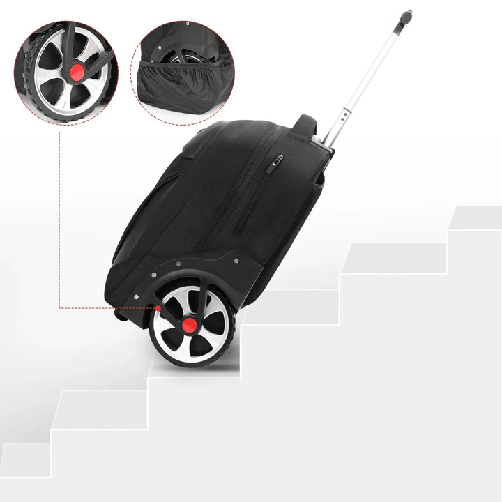 Unisex rolling laptop backpack for travel & business. Padded compartment for secure laptop transport.