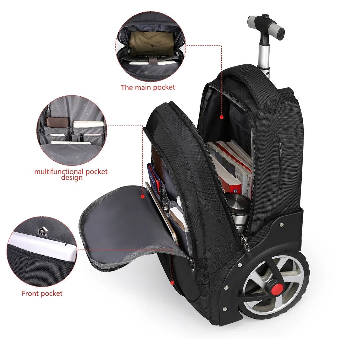 Wheeled travel backpack, carry-on size. Ideal trolley for weekend trips, business travel, and school.