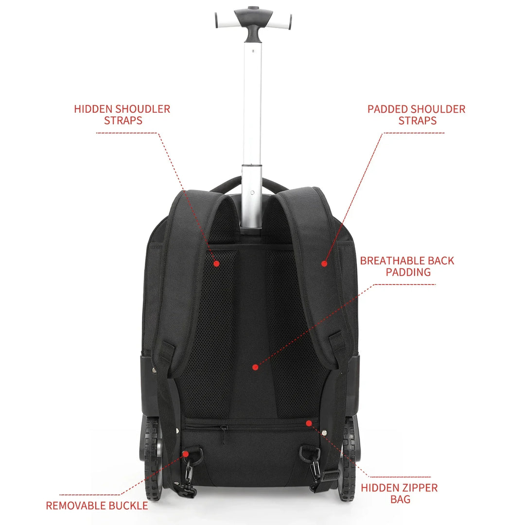 Versatile unisex rolling backpack with organized compartments for school, work, and short trips.