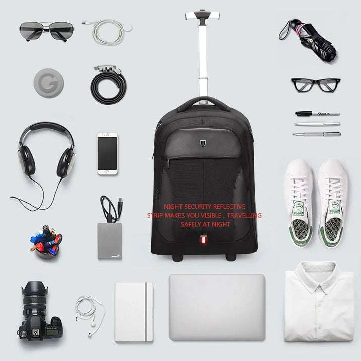 Professional business travel trolley backpack, unisex, with dedicated laptop protection. Smooth rolling.