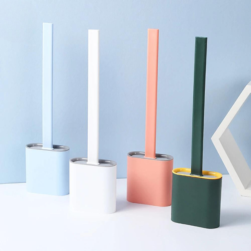 "Unisex silicone toilet brush with holder, FlexiClean, showing flexible bristles, ideal for thorough bathroom cleaning."