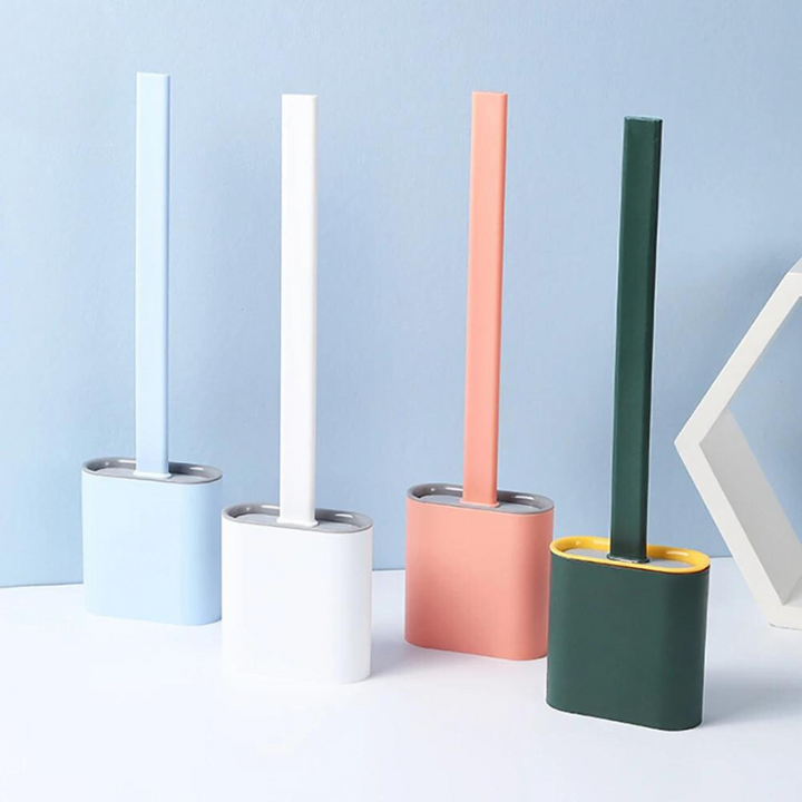 "Unisex silicone toilet brush with holder, FlexiClean, showing flexible bristles, ideal for thorough bathroom cleaning."