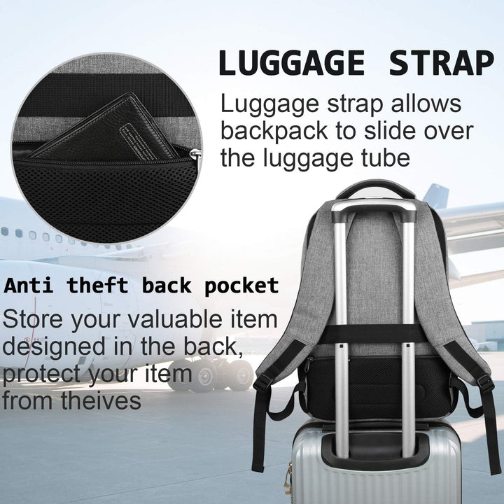 Padded laptop compartment inside a secure anti-theft backpack with USB charging.