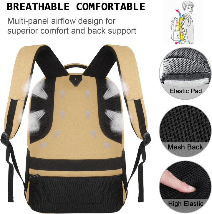Front view of a sleek anti-theft laptop backpack with a visible USB charging port.