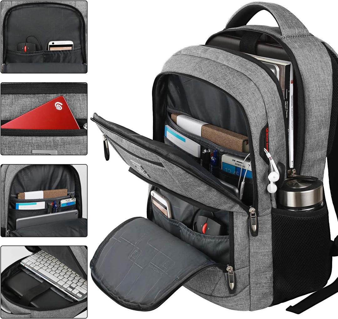 Side profile of a unisex anti-theft laptop backpack showing its slim, ergonomic design.