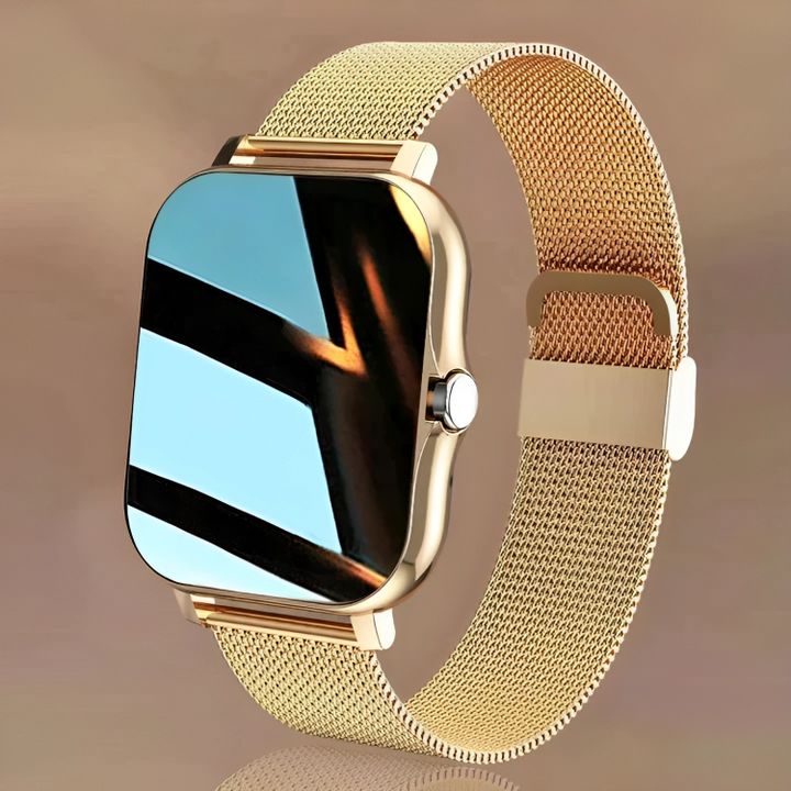 Unisex smartwatch on wrist, displaying time. Features Bluetooth calling, health tracking & activity monitoring for active lifestyles.