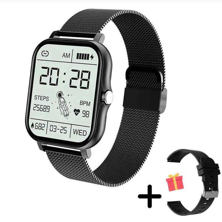 Person jogging wearing a black waterproof unisex smartwatch. Tracks fitness, activities & allows Bluetooth calls on the go.