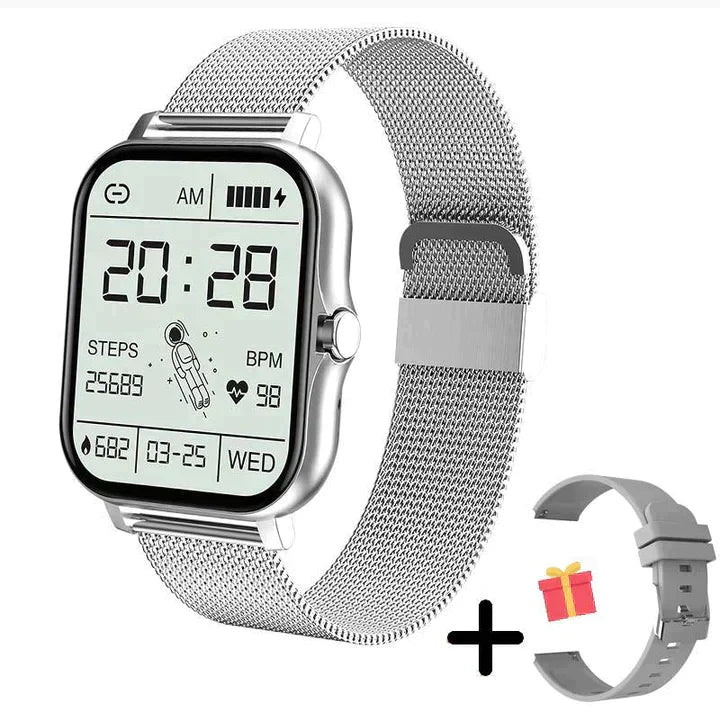 Sleek black unisex smartwatch with a clear digital display & comfortable band. Bluetooth watch for calls, health & activity tracking.