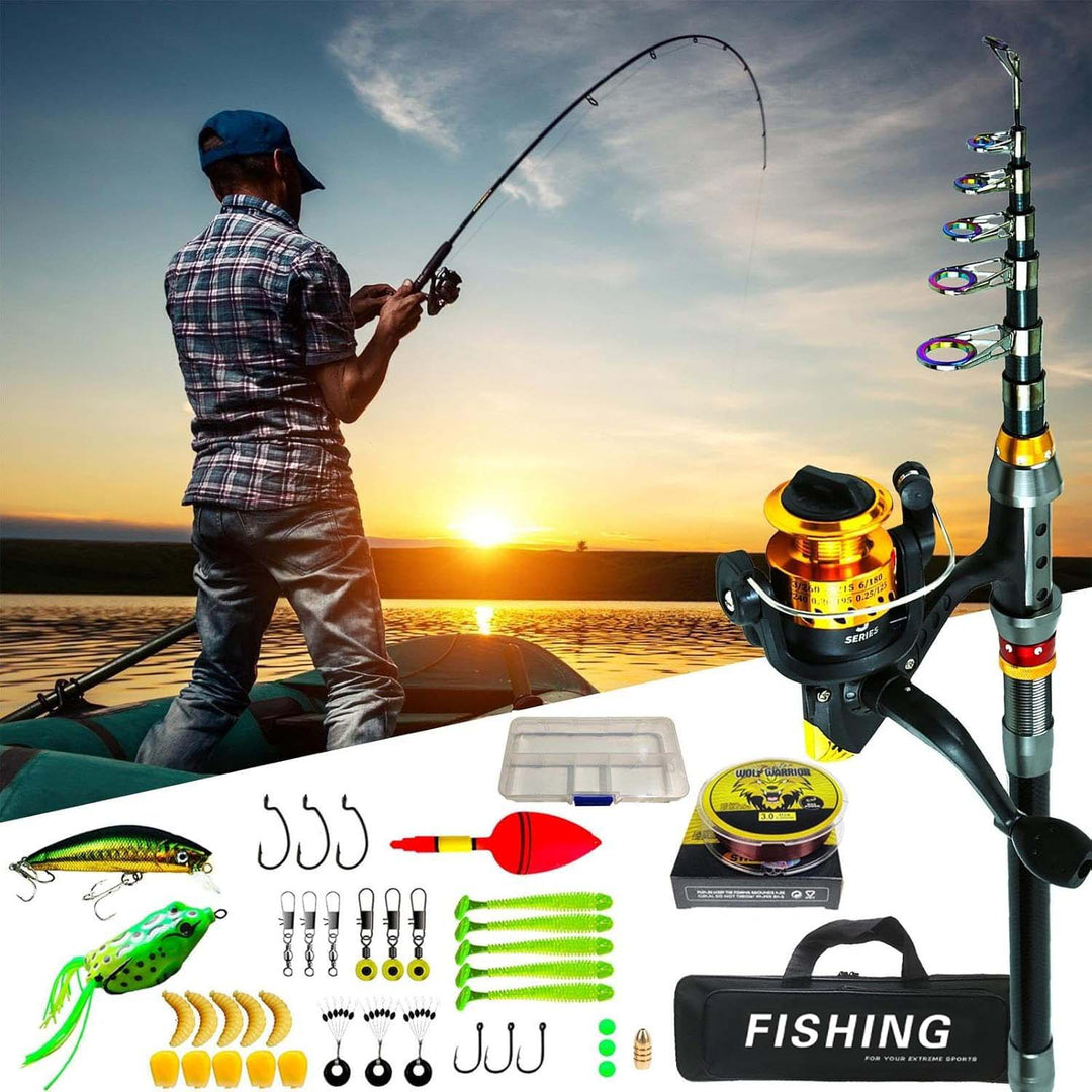 Unisex telescopic carbon fiber fishing rod kit with spinning reel and carrying bag for easy use, ideal for any angler.