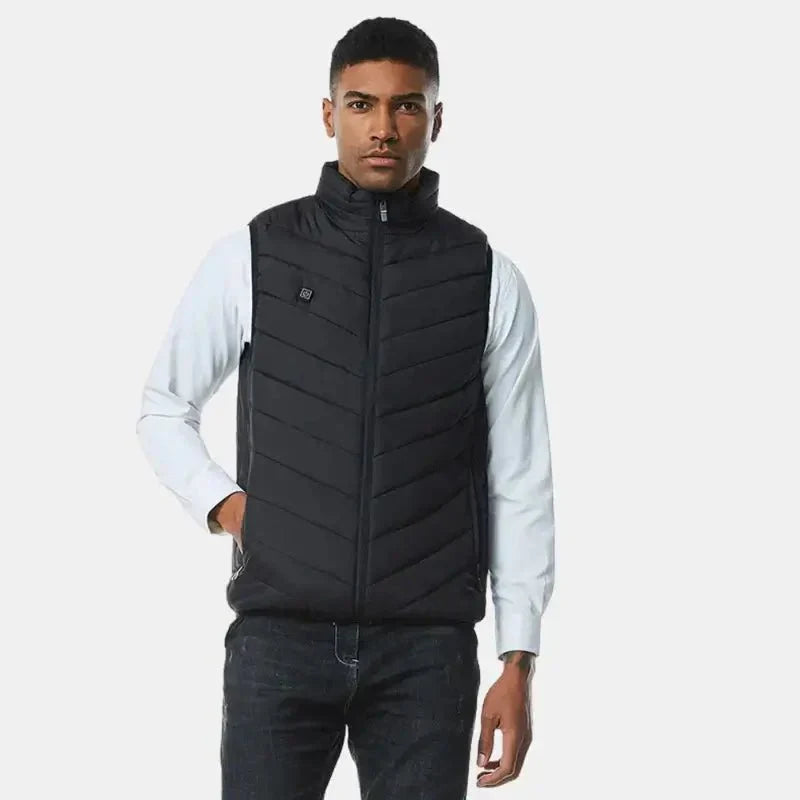 Unisex Thermo Heated Gilet front view; sleek black, advanced heating, ideal for cold weather, sports & fitness warmth.