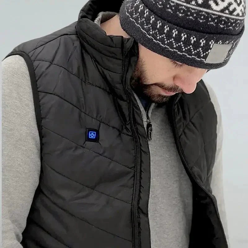 Unisex Thermo Heated Gilet front view; sleek black, advanced heating, ideal for cold weather, sports & fitness warmth.