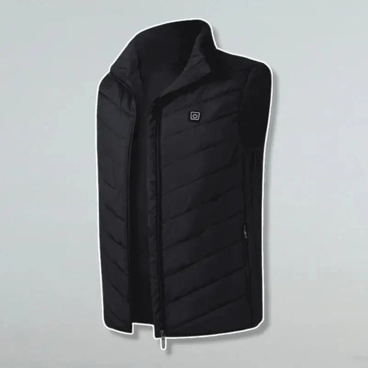 Unisex Thermo Heated Gilet front view; sleek black, advanced heating, ideal for cold weather, sports & fitness warmth.