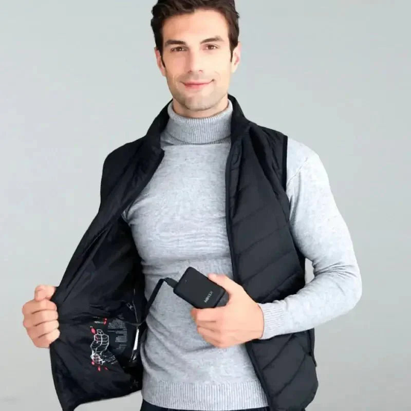 Unisex Thermo Heated Gilet front view; sleek black, advanced heating, ideal for cold weather, sports & fitness warmth.
