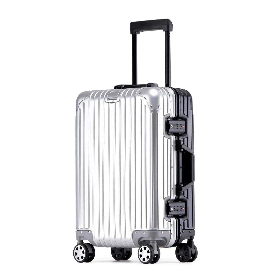 Durable unisex aluminium hard shell luggage, perfect for business travel & vacation, with spinner wheels.
