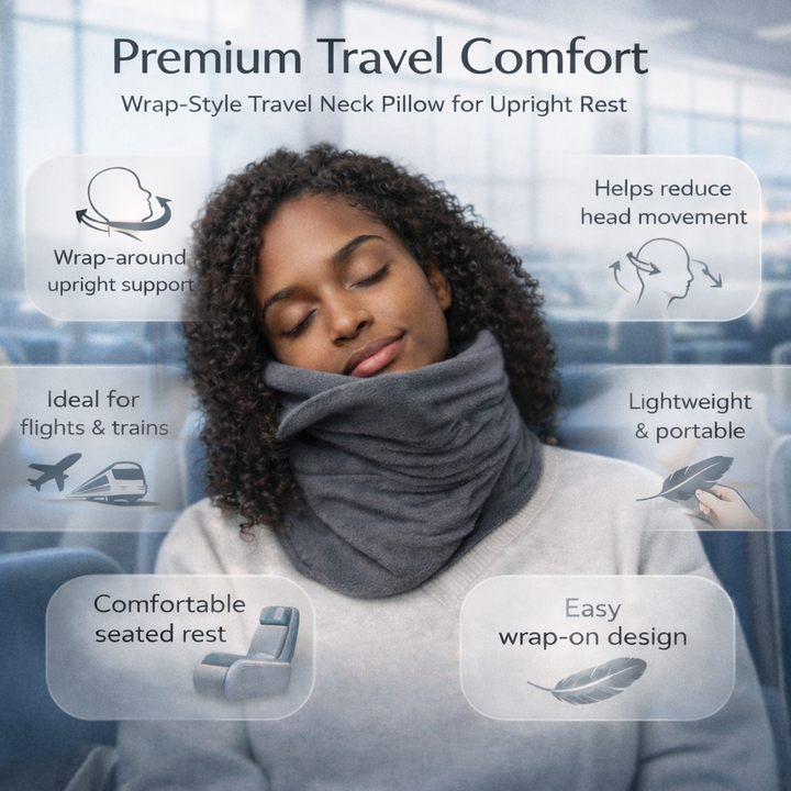 Ergonomic wrap-around travel pillow provides comfortable upright neck support for restful journeys.
