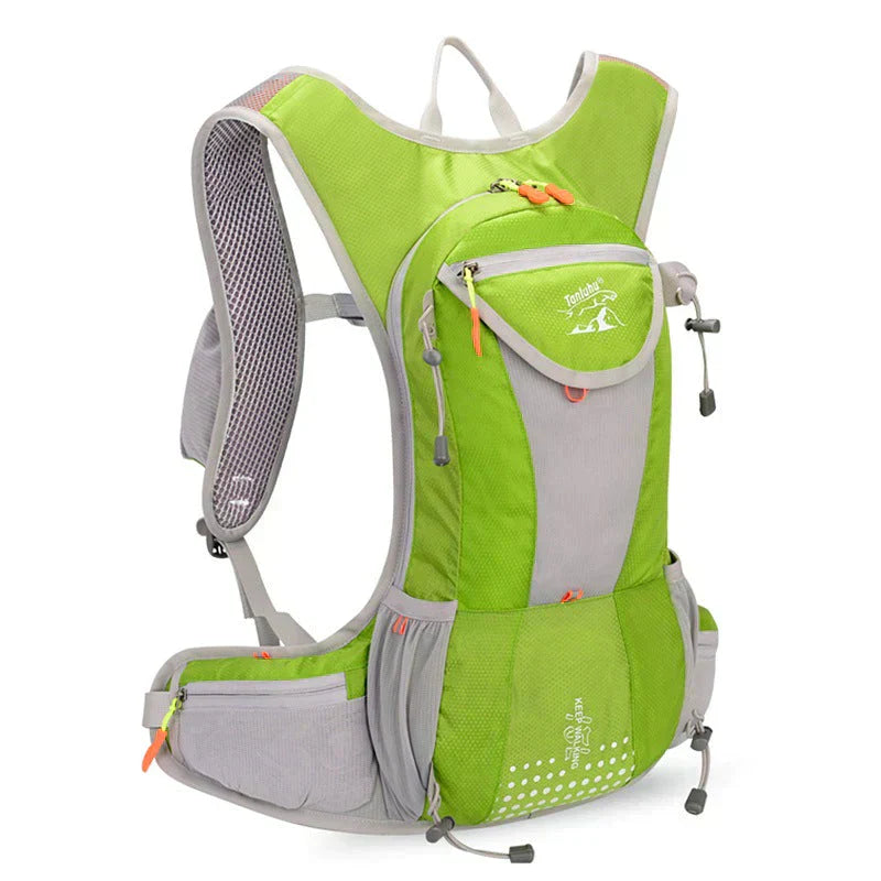Cyclist on a mountain bike with a lightweight hydration pack, perfect for adventure.