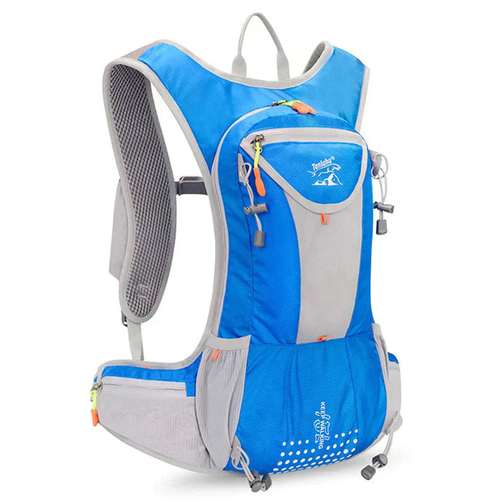 Back of hydration pack showing adjustable straps & ventilation, lightweight & waterproof.