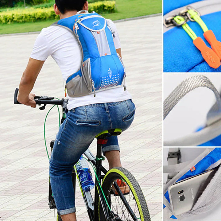 Lightweight waterproof hydration backpack with water bladder for hiking & cycling adventures.