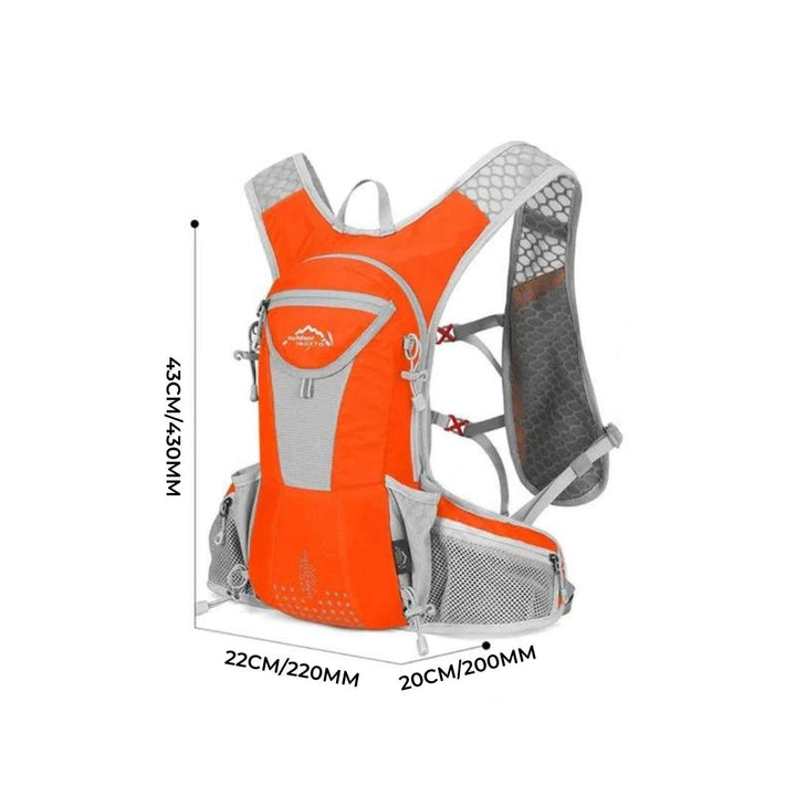 Detail of the waterproof fabric & secure zippers on a lightweight hydration backpack.