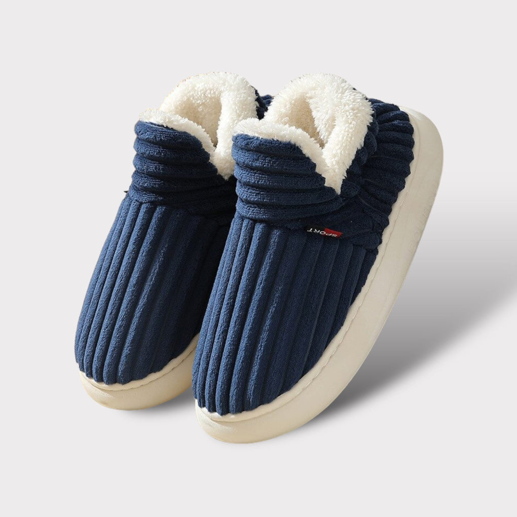 Ergonomic anti-slip indoor slippers. Plush, warm footwear providing comfort & support for men & women.