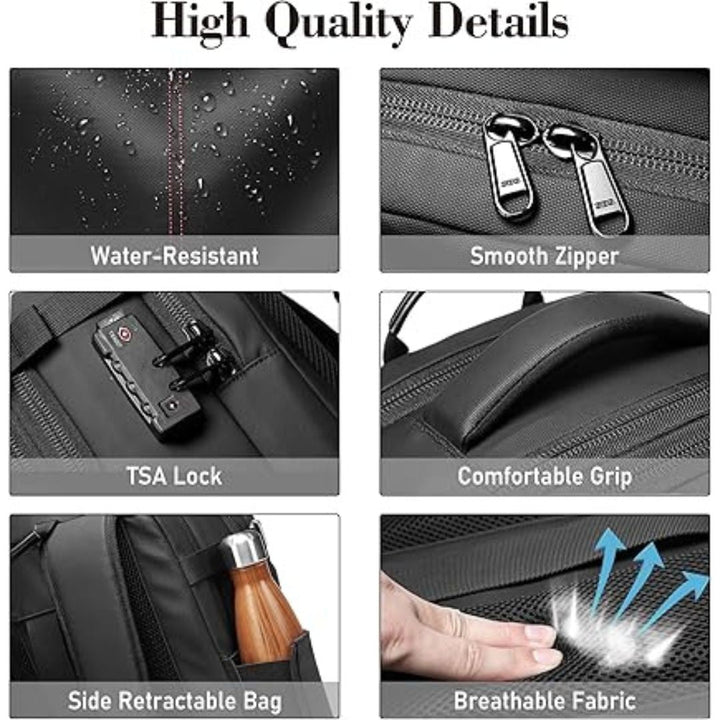 "Unisex Vacuum Travel Backpack with expandable design, anti-theft features, and dry/wet separation in Black, Blue, Gray, Gree