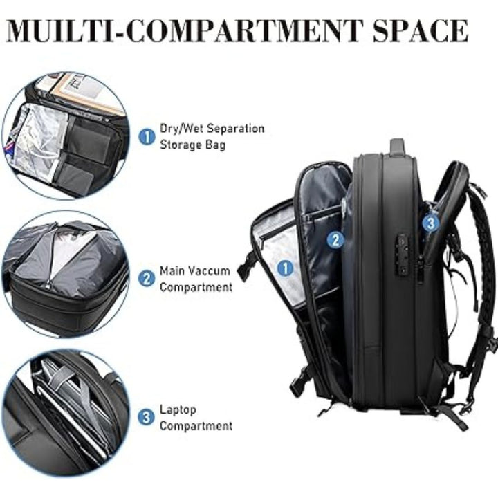 "Unisex Vacuum Travel Backpack with expandable design, anti-theft features, and dry/wet separation in Black, Blue, Gray, Gree