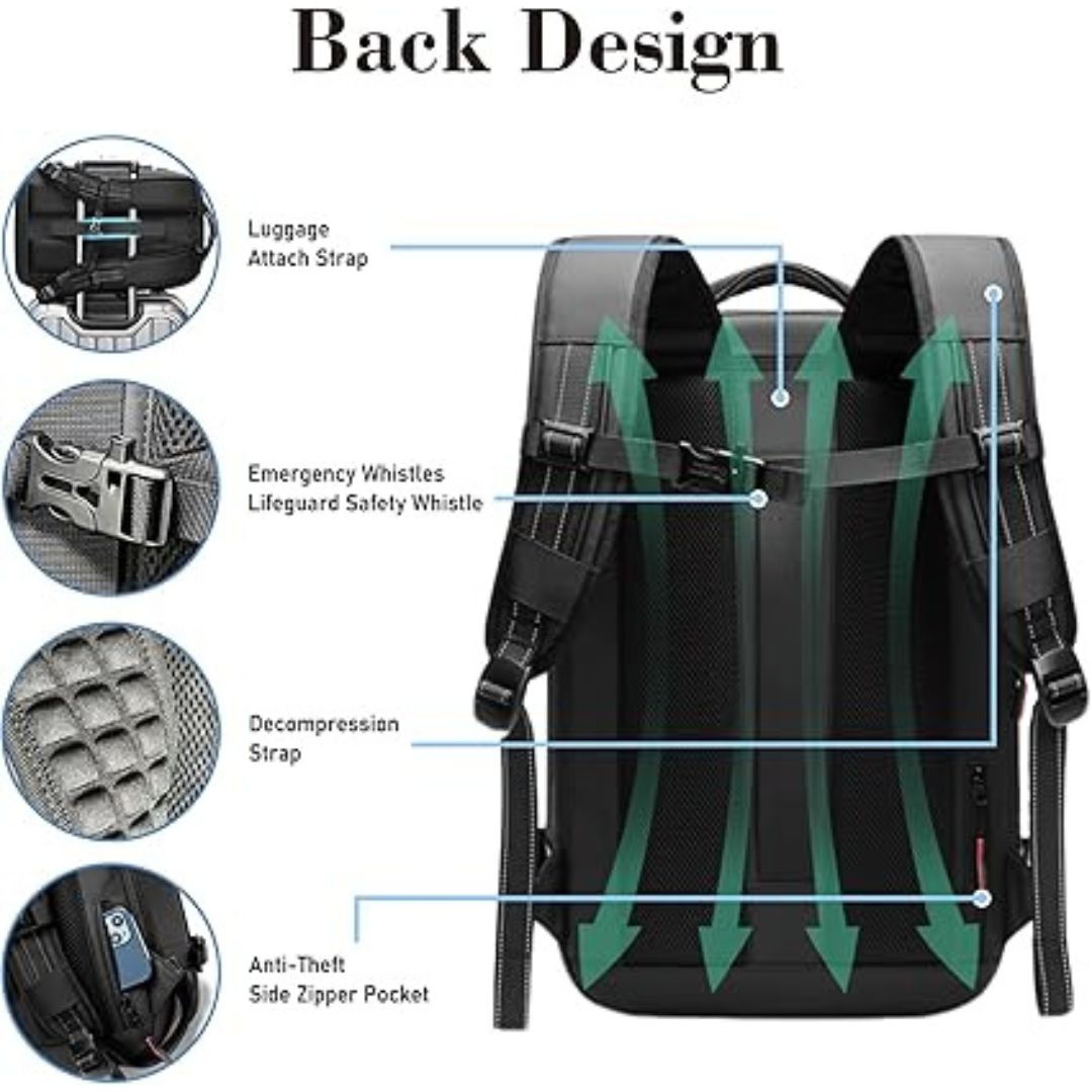 "Unisex Vacuum Travel Backpack with expandable design, anti-theft features, and dry/wet separation in Black, Blue, Gray, Gree