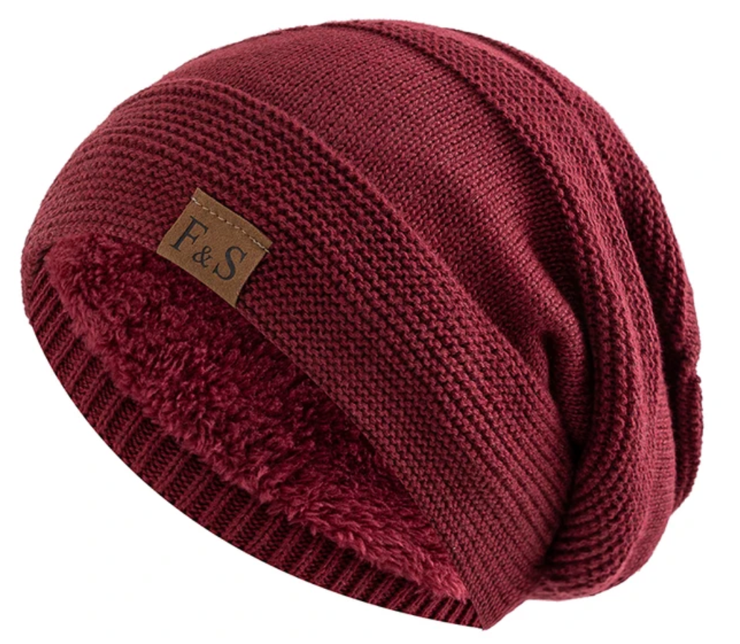 Red warm winter beanie hat, fleece-lined for exceptional warmth. Stylish and comfortable cold weather gear.