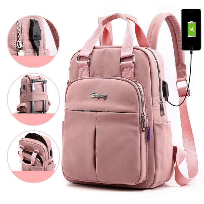 Side view of a water-resistant anti-theft backpack featuring an external USB charging port. Durable fabric.