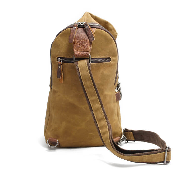 Close-up of durable, water-resistant canvas fabric and secure zipper on the anti-theft crossbody bag.