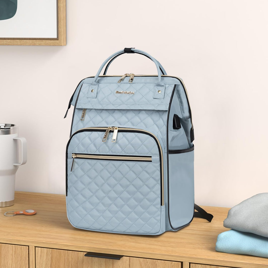Unisex water-resistant expandable laptop backpack with RFID protection & USB port.